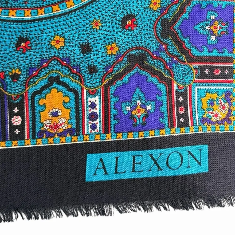 Vtg Womens Wool Square Scarf Blue Black Fringe Wrap 38x38 Alexon Paisley Vibrant